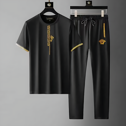 Cotton Tracksuit Set Relaxed Drawstring Black White Two-Piece Black