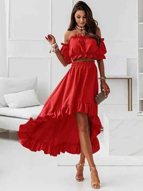 Women's Off-Shoulder Ruffle Crop Top and High-Waist Skirt Set – Elegant Two-Piece Outfit Red