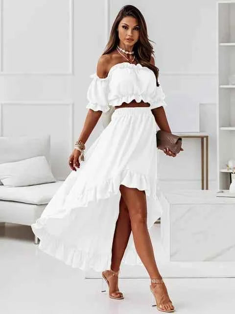 Women's Off-Shoulder Ruffle Crop Top and High-Waist Skirt Set – Elegant Two-Piece Outfit White