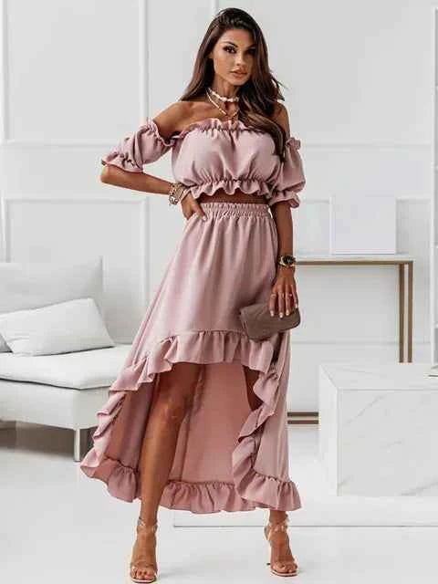 Women's Off-Shoulder Ruffle Crop Top and High-Waist Skirt Set – Elegant Two-Piece Outfit Pink