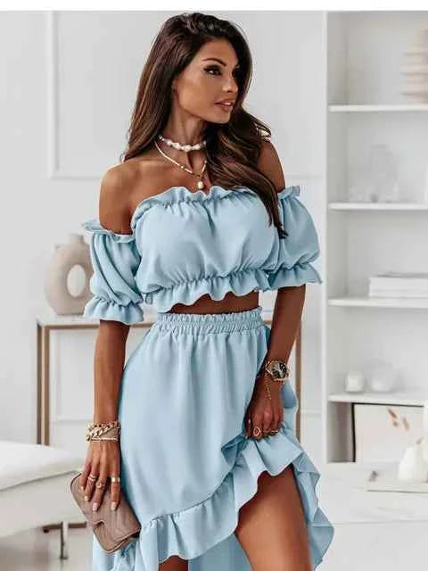 Women's Off-Shoulder Ruffle Crop Top and High-Waist Skirt Set – Elegant Two-Piece Outfit