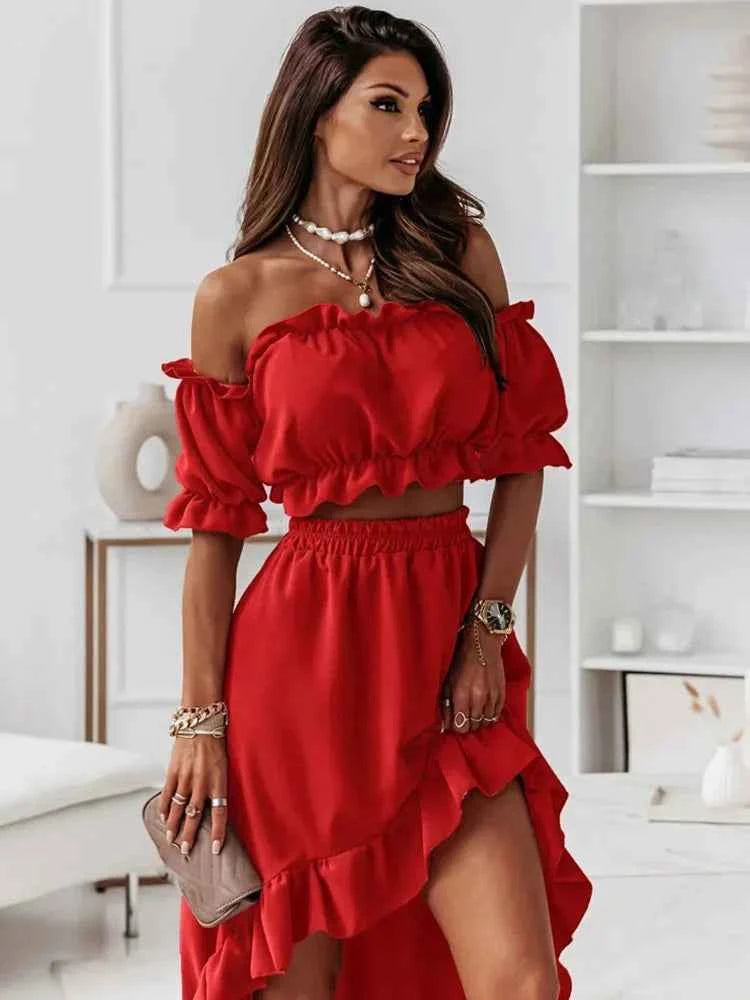 Women's Off-Shoulder Ruffle Crop Top and High-Waist Skirt Set – Elegant Two-Piece Outfit