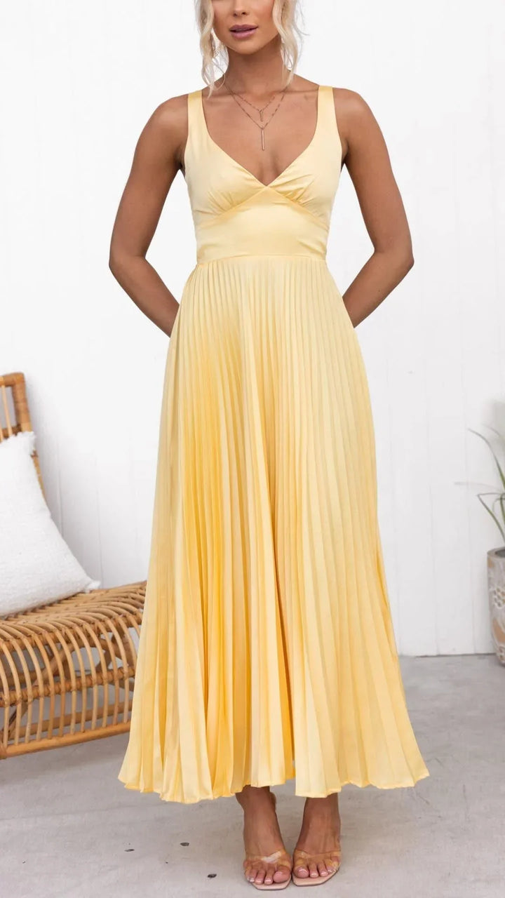 Mandy | Women's Elegant Yellow Pleated V-Neck Maxi Dress