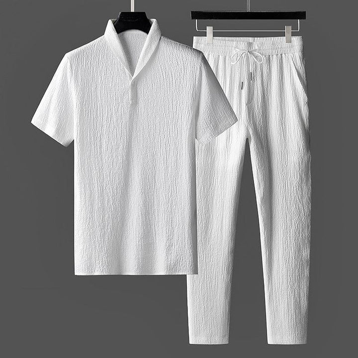 Men's Casual Lapel Shirt and Drawstring Pants Outfit Set White