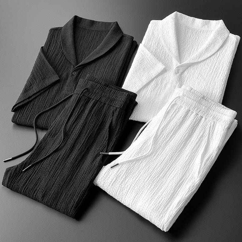 Men's Casual Lapel Shirt and Drawstring Pants Outfit Set