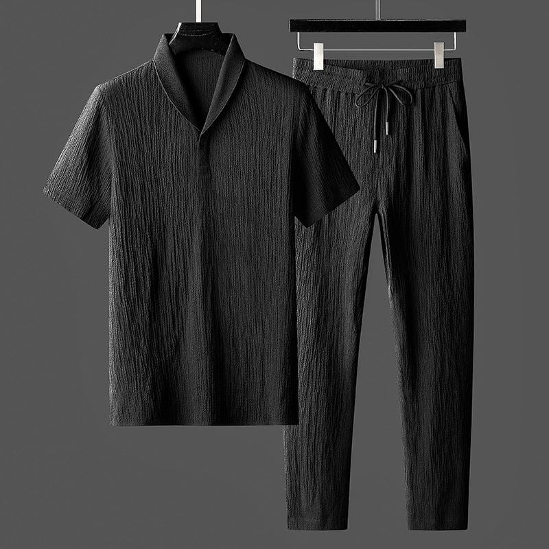 Men's Casual Lapel Shirt and Drawstring Pants Outfit Set Black