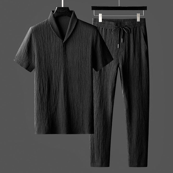 Men's Casual Lapel Shirt and Drawstring Pants Outfit Set Black