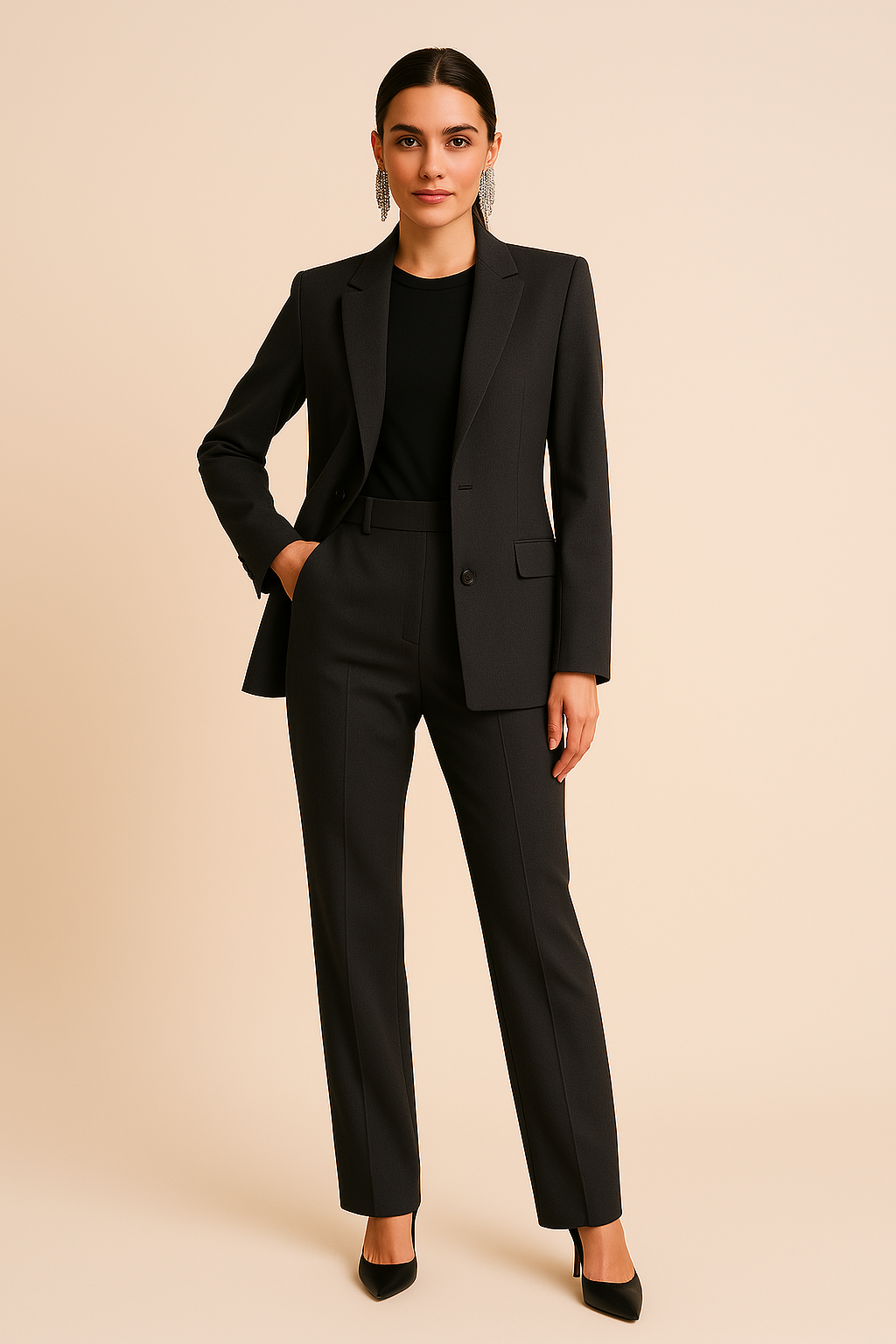 Women's Tailored Blazer and Pleated Pants Set Black