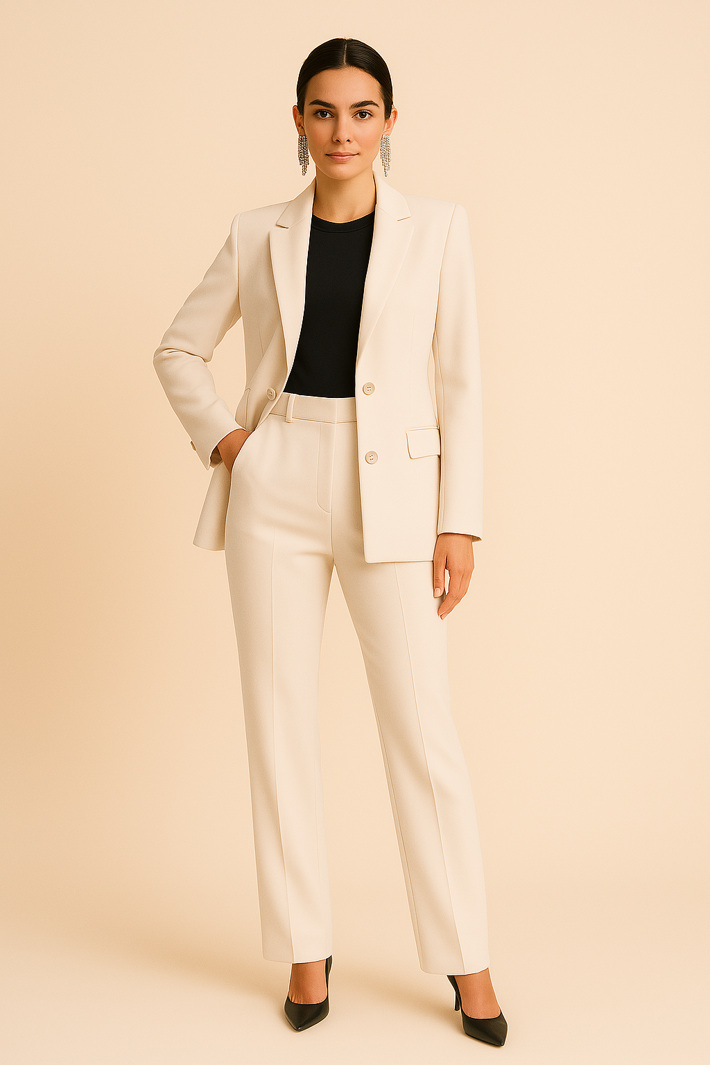 Women's Tailored Blazer and Pleated Pants Set Beige