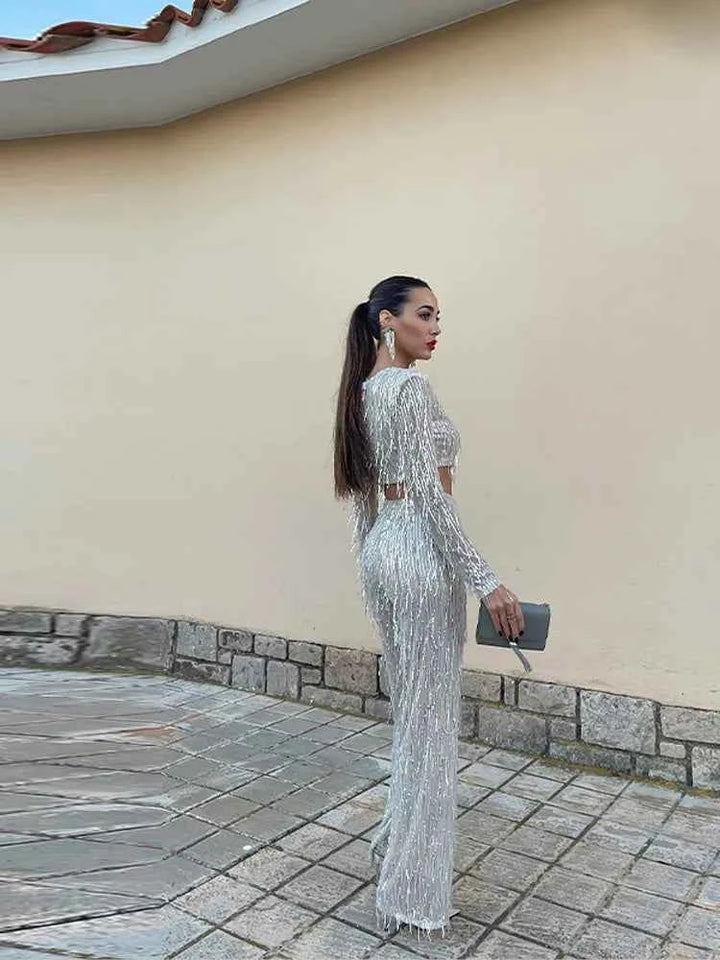Women's Glossy Two-Piece Set - Long Sleeve Crop Top & High Waist Pants