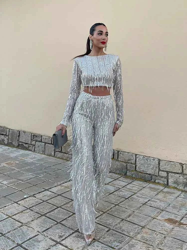 Women's Glossy Two-Piece Set - Long Sleeve Crop Top & High Waist Pants