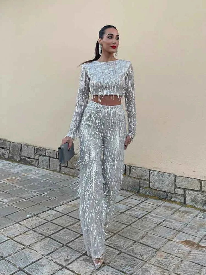 Women's Glossy Two-Piece Set - Long Sleeve Crop Top & High Waist Pants