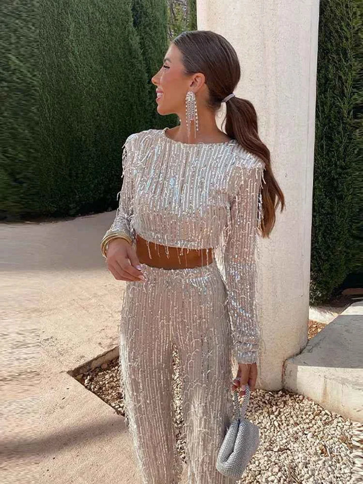 Women's Glossy Two-Piece Set - Long Sleeve Crop Top & High Waist Pants Beige