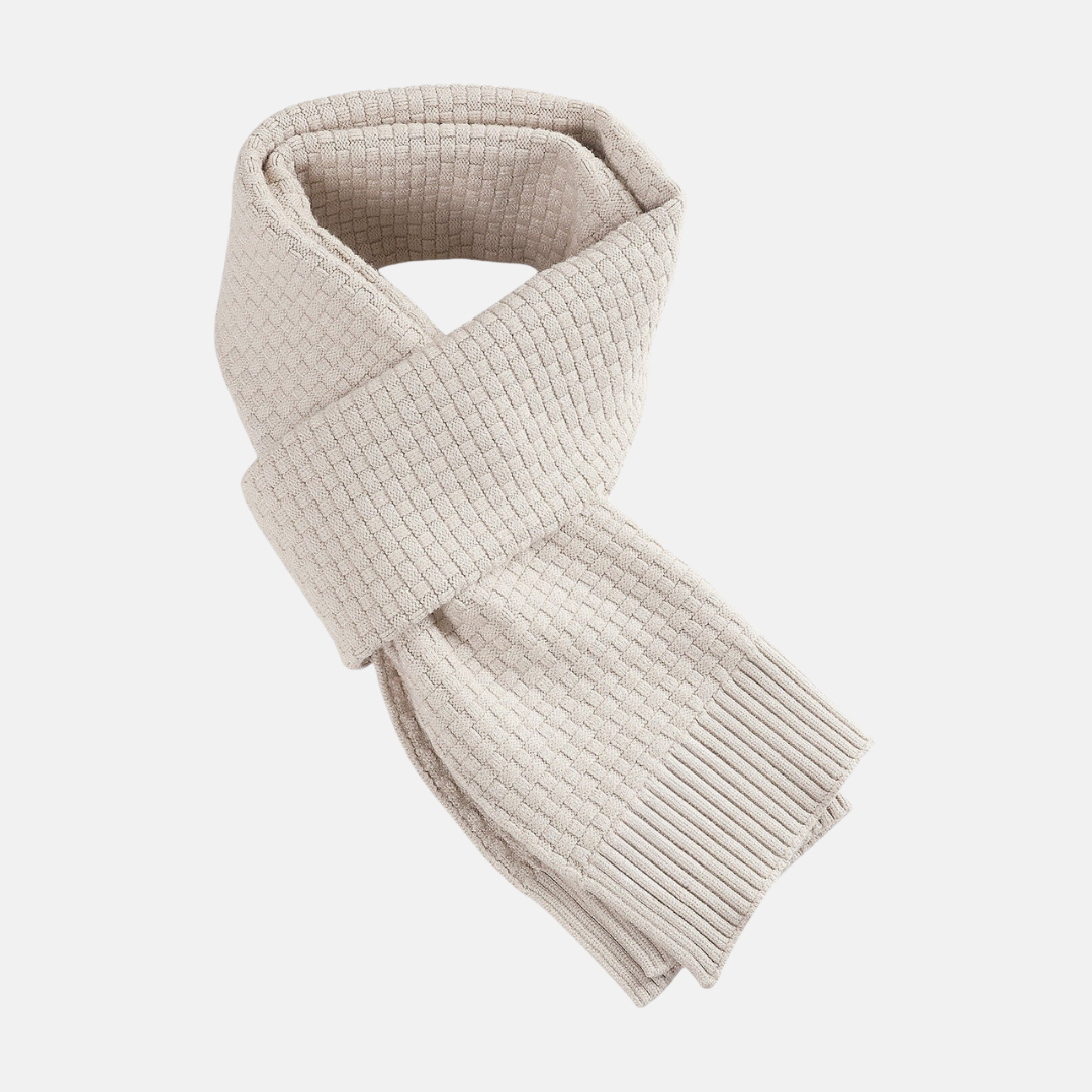 Textured Waffle Knit Scarf with Ribbed Edges Khaki
