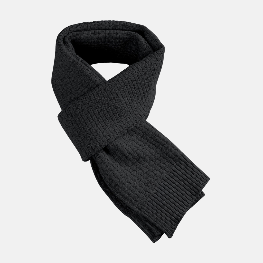 Textured Waffle Knit Scarf with Ribbed Edges Black