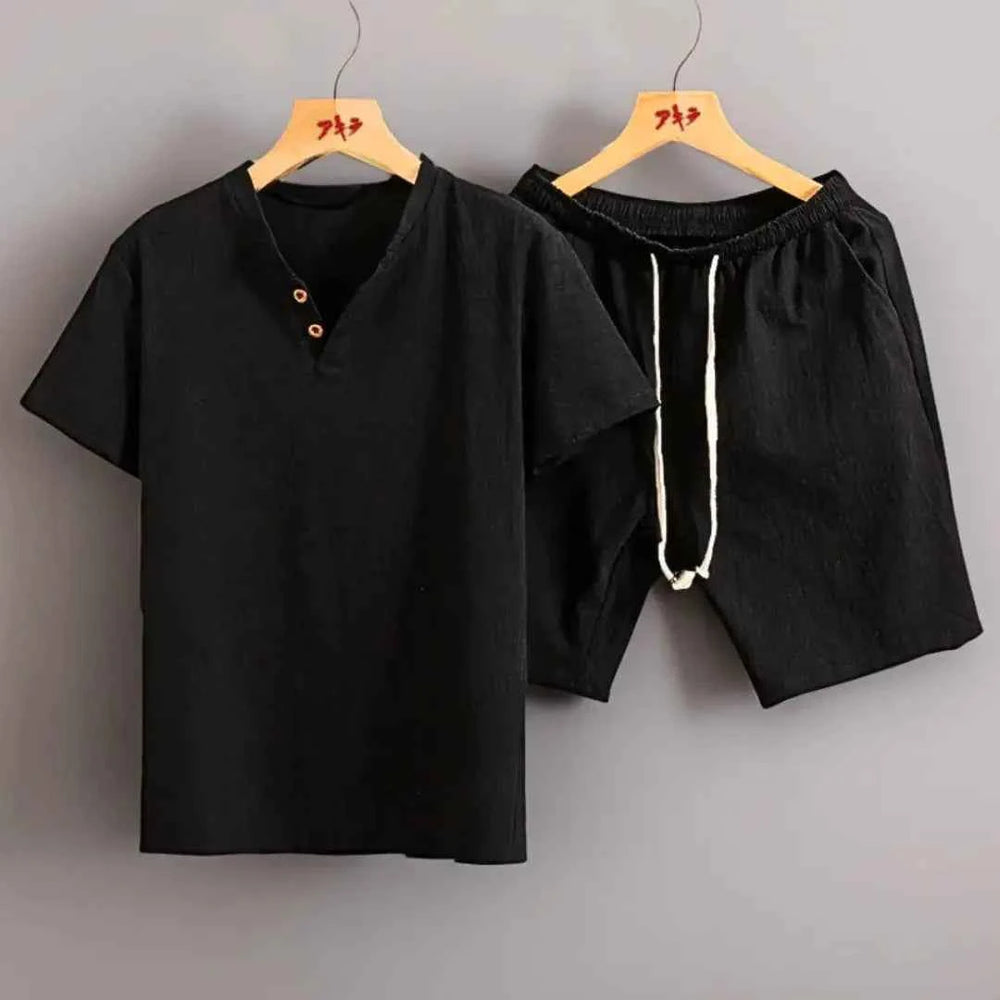 Men's Linen Look Two-Piece Set Black