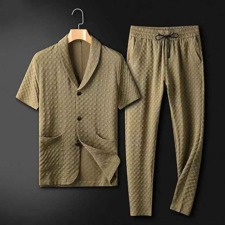 Men's Relaxed Fit Blazer and Trousers Set – Textured Fabric with Elastic Waistband Khaki