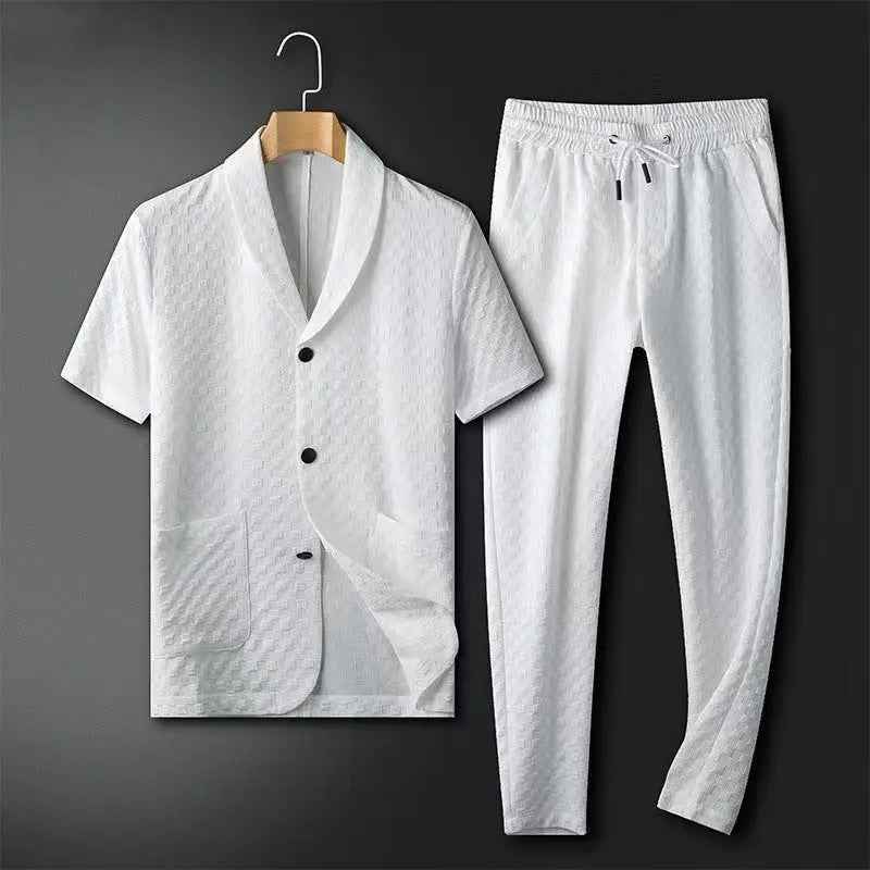Men's Relaxed Fit Blazer and Trousers Set – Textured Fabric with Elastic Waistband White