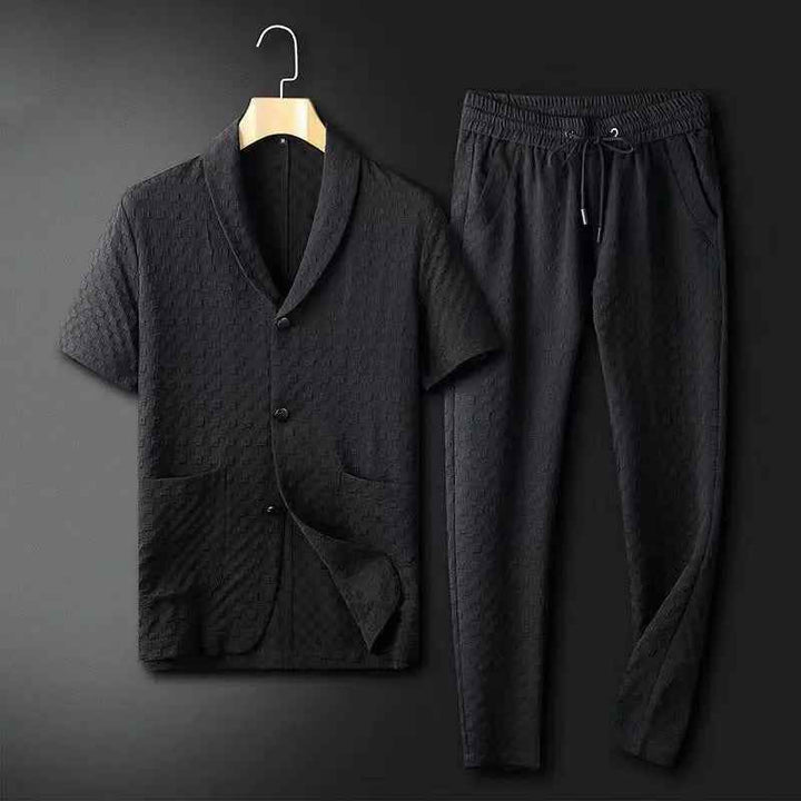 Men's Relaxed Fit Blazer and Trousers Set – Textured Fabric with Elastic Waistband Black