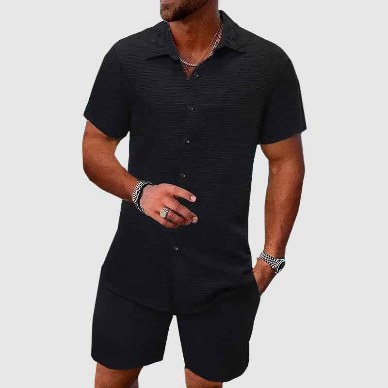 Men's Relaxed Fit Shirt and Shorts Set – Short Sleeves – Breathable Luxury Fabric Black