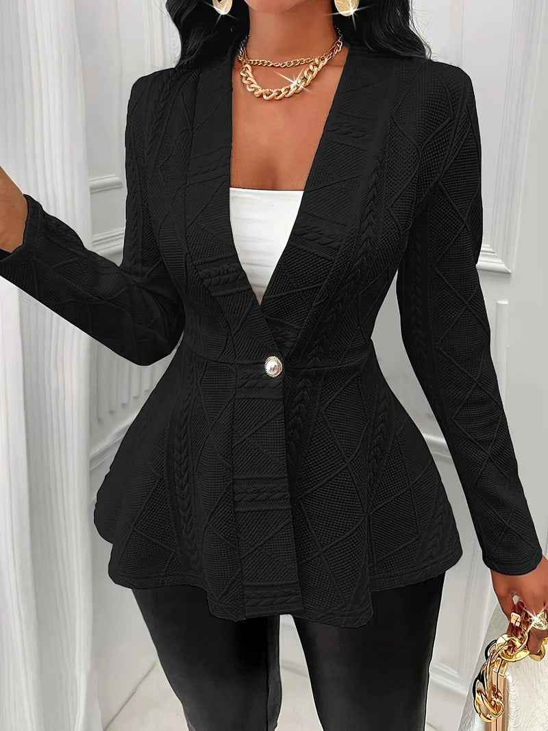 Women's Tailored Blazer - Cable-Knit Design - Long Sleeve - Single Button Closure Black