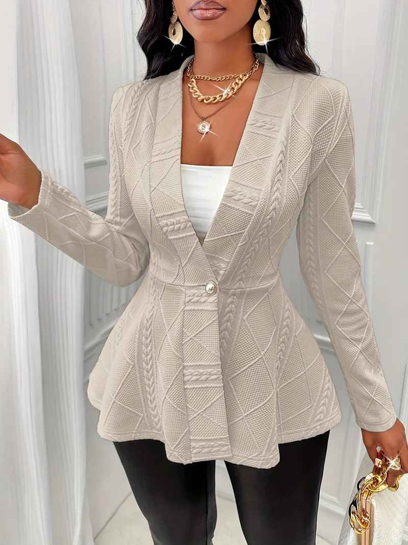 Women's Tailored Blazer - Cable-Knit Design - Long Sleeve - Single Button Closure Khaki