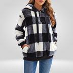 Women's Relaxed Fit Hoodie Sweater – Soft Knit with Half Zipper & Diamond Pattern Black