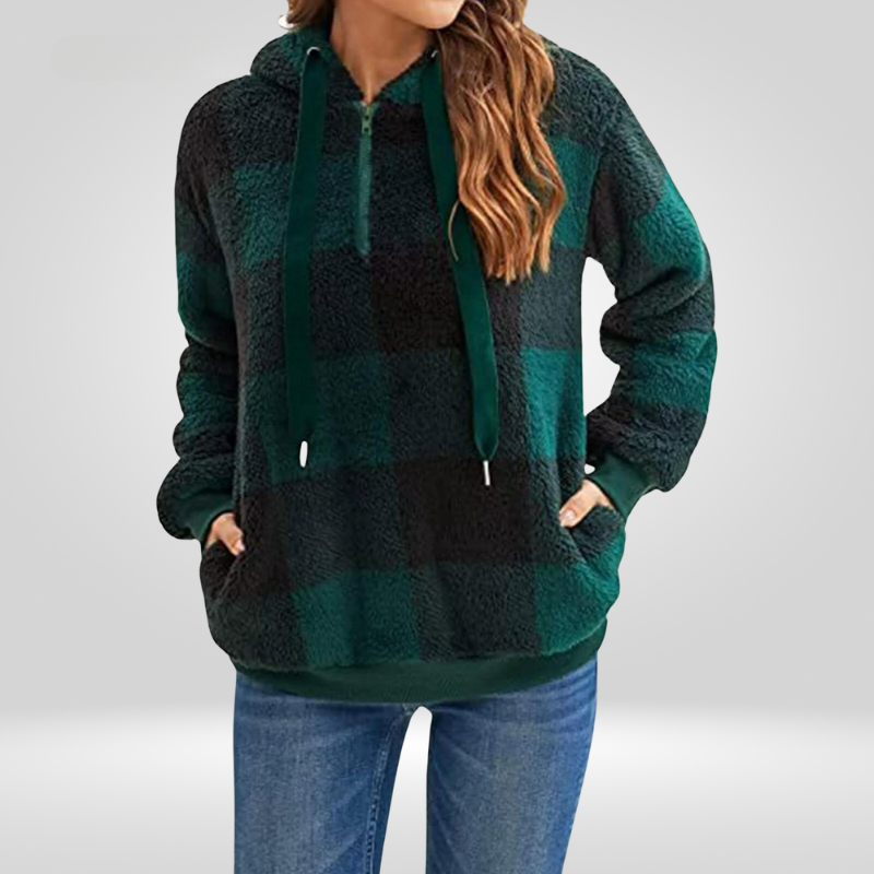 Women's Relaxed Fit Hoodie Sweater – Soft Knit with Half Zipper & Diamond Pattern Green