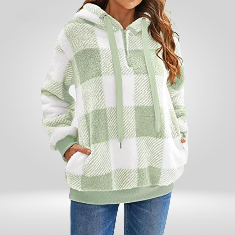 Women's Relaxed Fit Hoodie Sweater – Soft Knit with Half Zipper & Diamond Pattern Grey