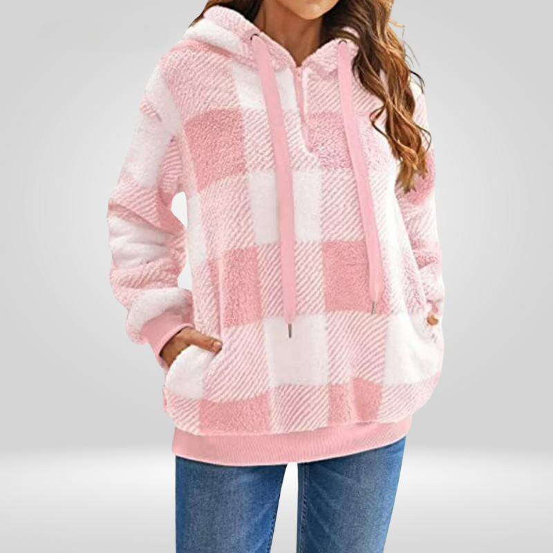 Women's Relaxed Fit Hoodie Sweater – Soft Knit with Half Zipper & Diamond Pattern Pink