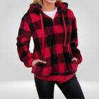 Women's Relaxed Fit Hoodie Sweater – Soft Knit with Half Zipper & Diamond Pattern Red