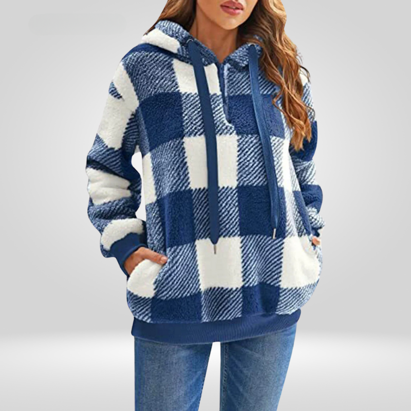 Women's Relaxed Fit Hoodie Sweater – Soft Knit with Half Zipper & Diamond Pattern Blue