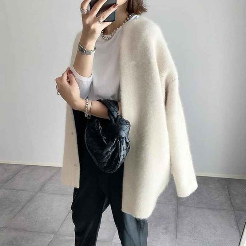 Women's Elegant Woolen Cardigan White