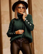 Women's Loose Fit Turtleneck Sweater – Knitted Fabric – Long Sleeve with Buttons Green