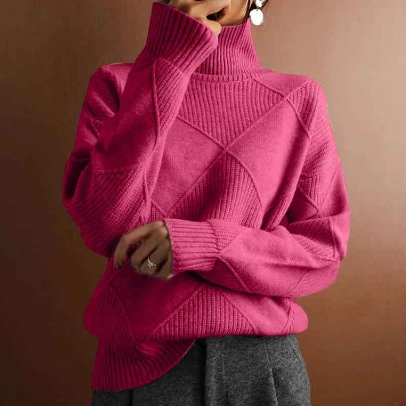 Women's Oversized Turtleneck - Ribbed Hem - Textured Design - Cozy Warmth Pink