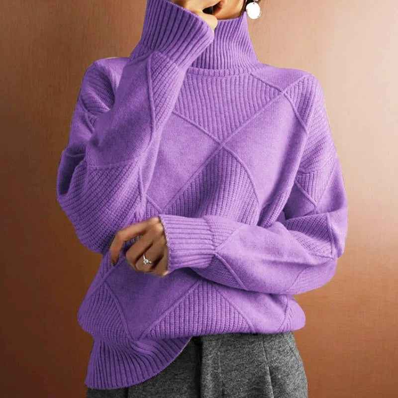 Women's Oversized Turtleneck - Ribbed Hem - Textured Design - Cozy Warmth Purple