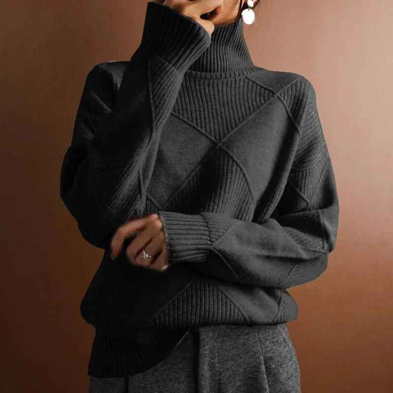 Women's Oversized Turtleneck - Ribbed Hem - Textured Design - Cozy Warmth