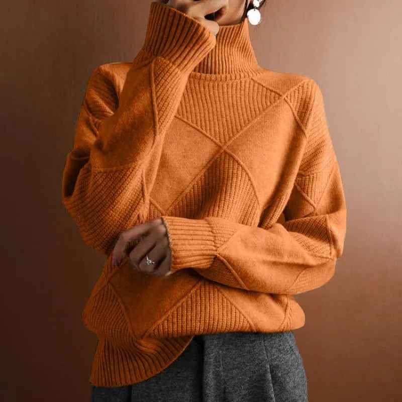 Women's Oversized Turtleneck - Ribbed Hem - Textured Design - Cozy Warmth