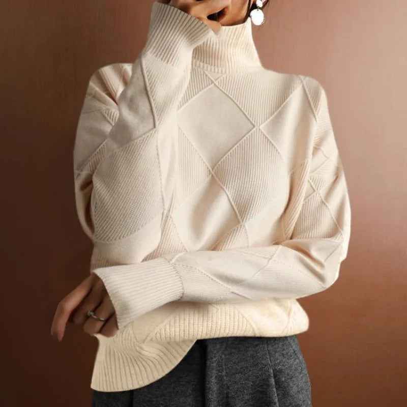 Women's Oversized Turtleneck - Ribbed Hem - Textured Design - Cozy Warmth