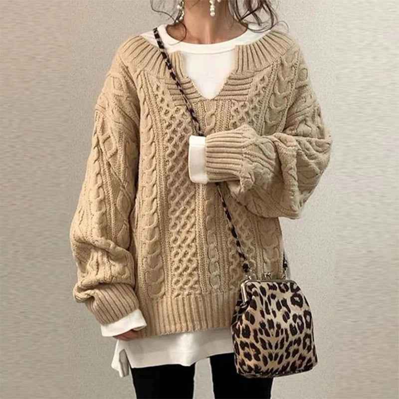 Women's Oversized Cable Knit Sweater Khaki