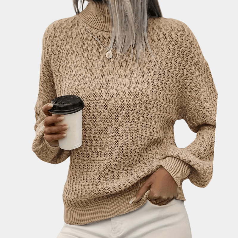 Women's Oversized Turtleneck Knitted Sweater – Ribbed Long Sleeve Apricot