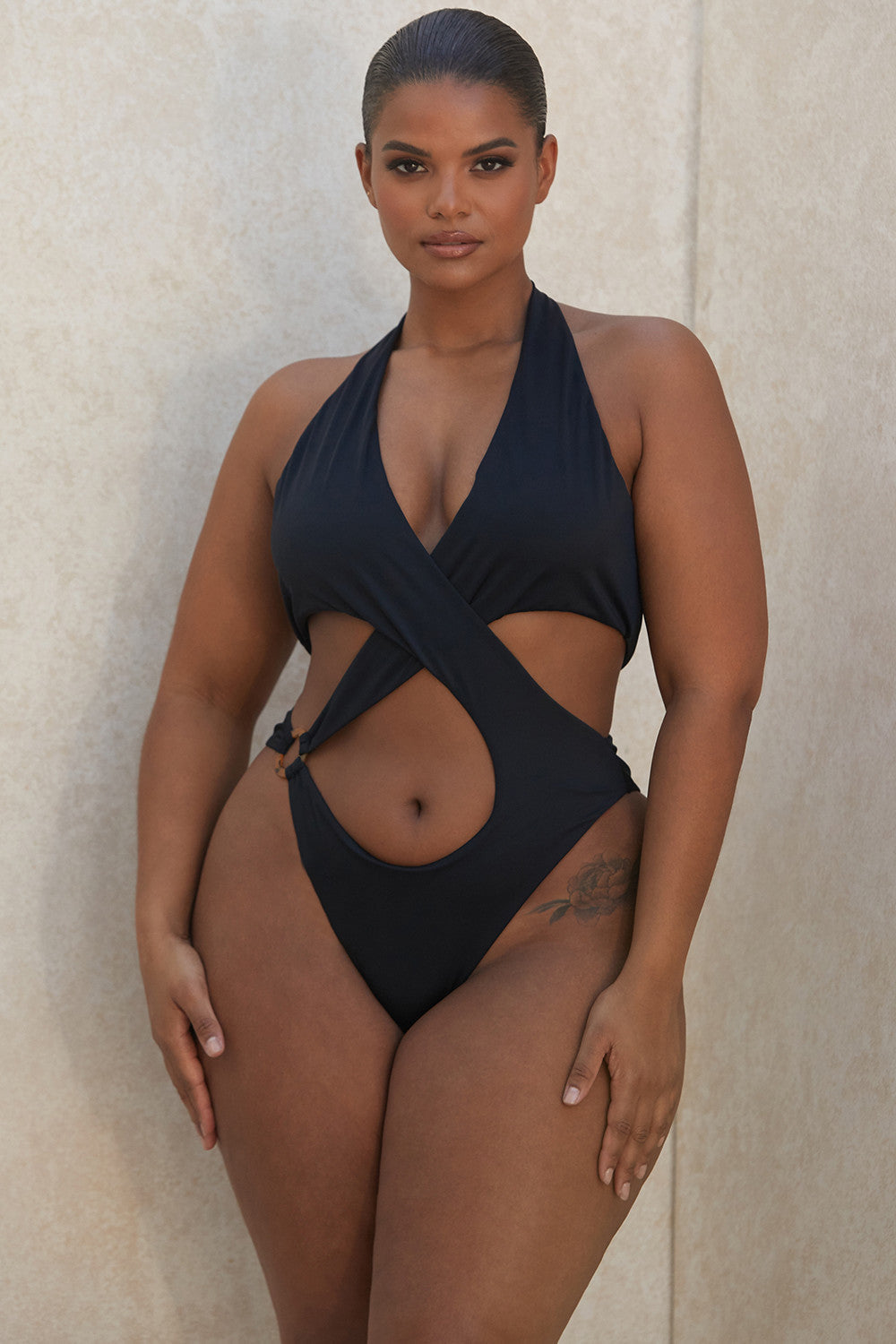Trendy Women's Halter Neck Swimsuit with Deep V-Neck Design