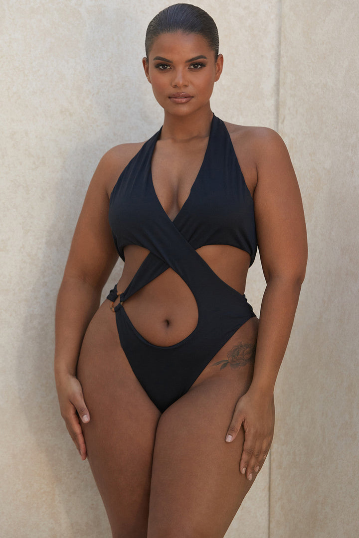 Trendy Women's Halter Neck Swimsuit with Deep V-Neck Design