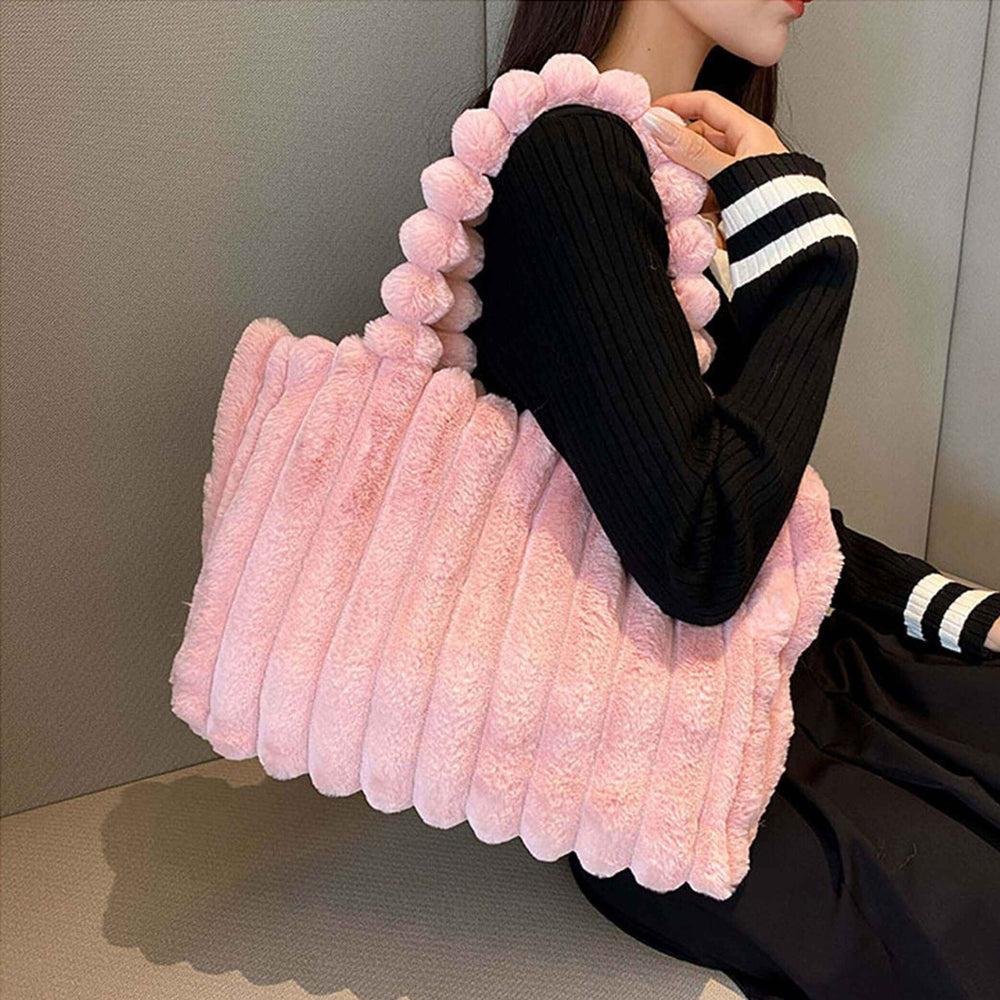 Trendy Women's Tote Bag with Plush Pom-Pom Handles