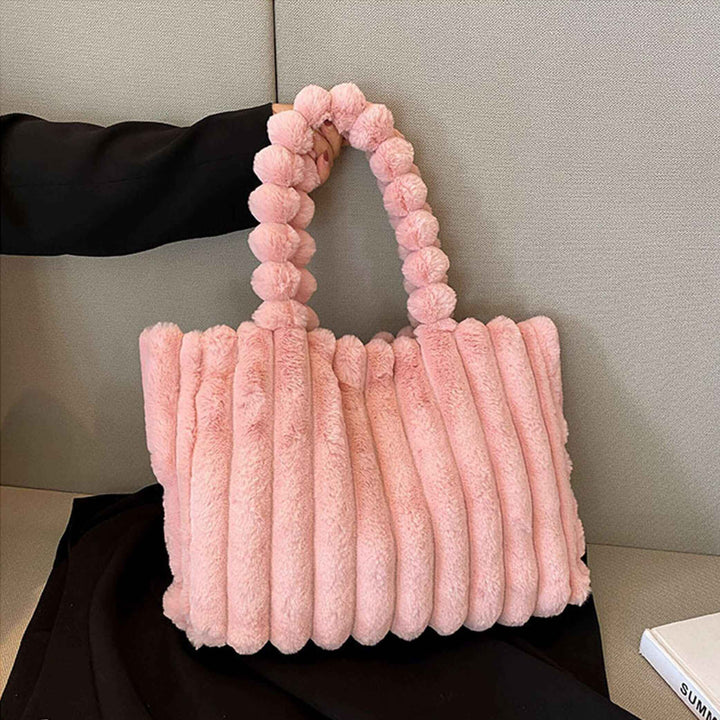 Trendy Women's Tote Bag with Plush Pom-Pom Handles
