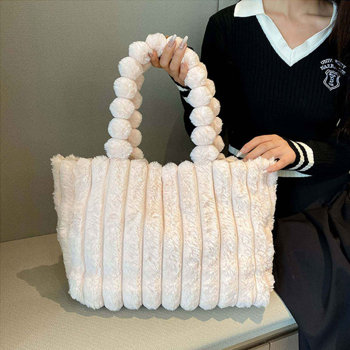 Trendy Women's Tote Bag with Plush Pom-Pom Handles