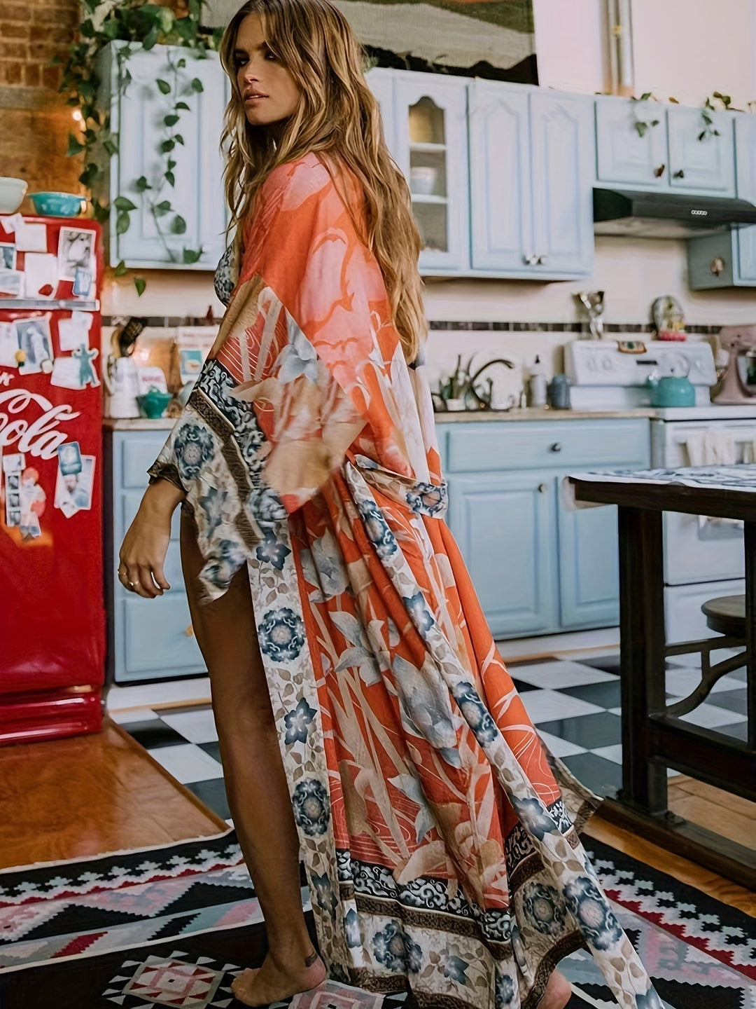 Tullia | Floral Print Maxi Kimono for Women Blood Orange One size fits all
