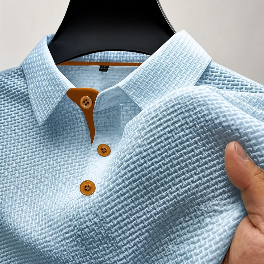 Men's Textured Short Sleeve Button-Up Polo Shirt Light Blue