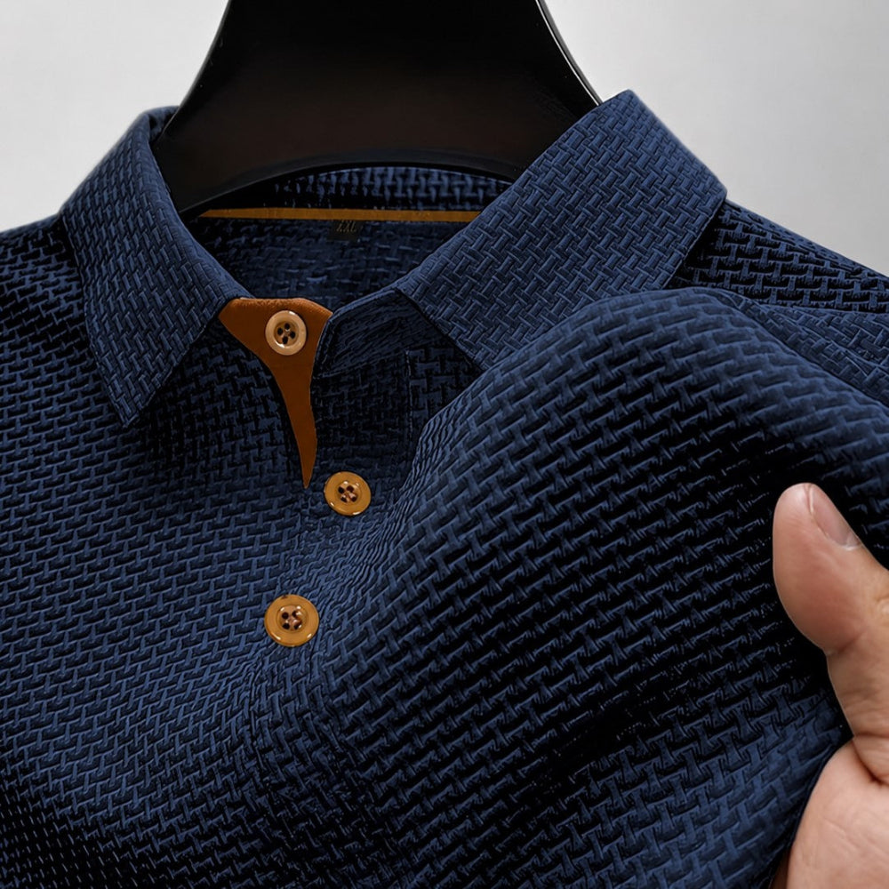 Men's Textured Short Sleeve Button-Up Polo Shirt Dark Blue