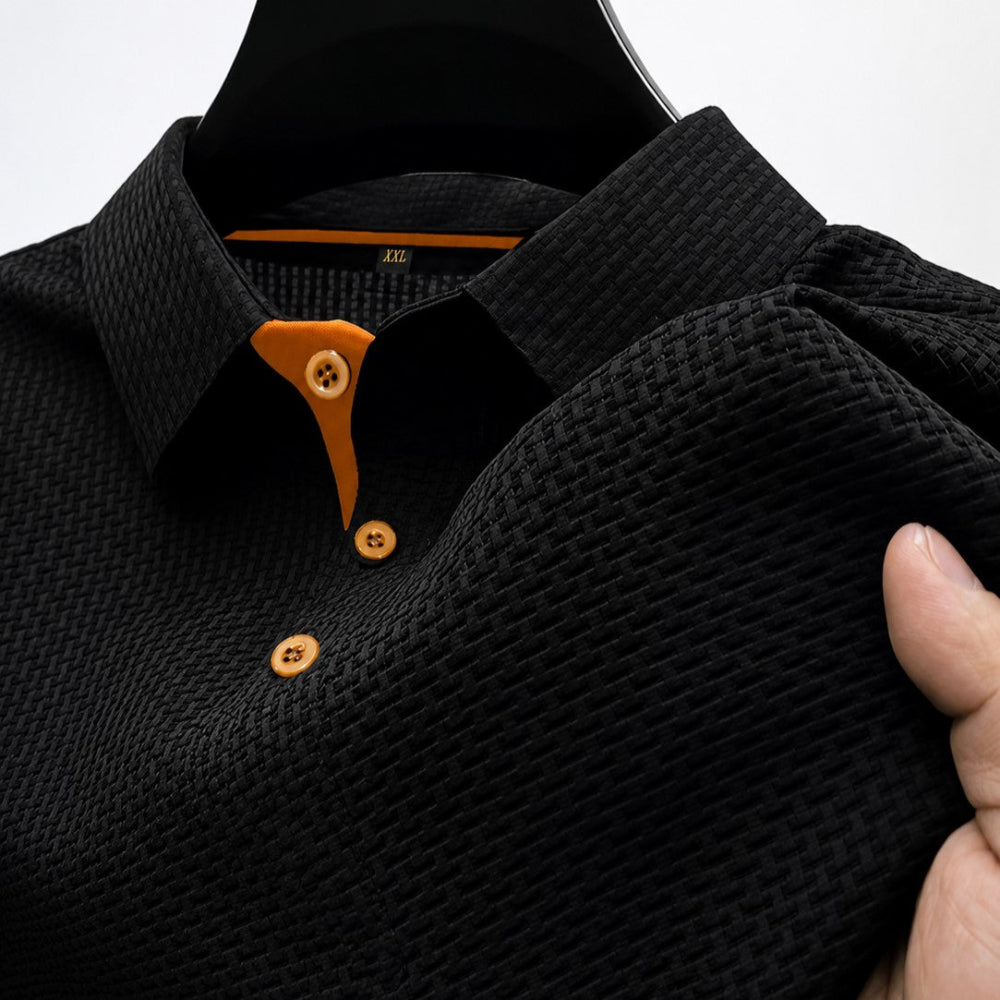 Men's Textured Short Sleeve Button-Up Polo Shirt Black